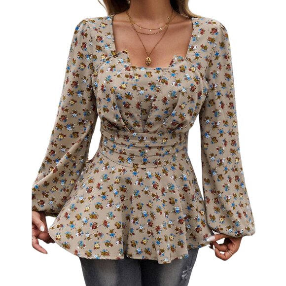 Khaki Square Neck Puff Sleeve Floral Peplum Top Size S M L XL Flower Bouquets - Picture 1 of 5